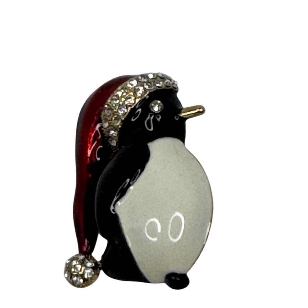Vintage Christmas Penguin Brooch Enamel Santa Hat Rhinestone Gold Tone Pin